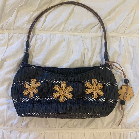 Handbags - Italian Black Woven Raffia Handbag with Floral Bead Accents